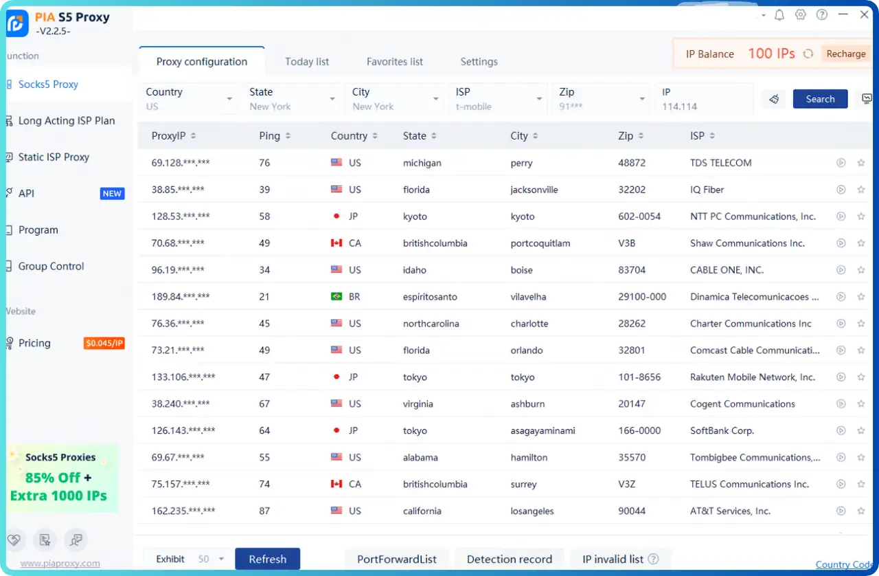 PIA S5 Proxy dashboard